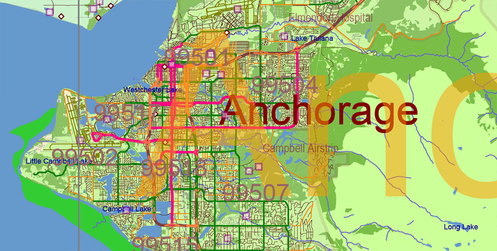 Alaska State US PDF Vector Map: Exact Roads Plan High Detailed Street Map + Counties + Zipcodes editable Adobe PDF in layers