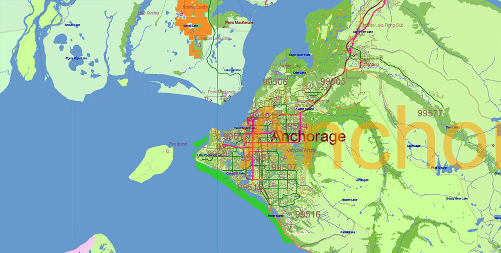 Alaska State US PDF Vector Map: Exact Roads Plan High Detailed Street Map + Counties + Zipcodes editable Adobe PDF in layers