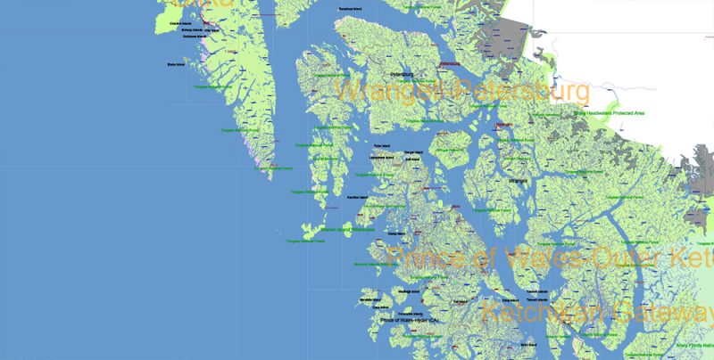 Alaska State US Map Vector Exact Roads Plan High Detailed Street Map + Counties + Zipcodes editable Adobe Illustrator in layers