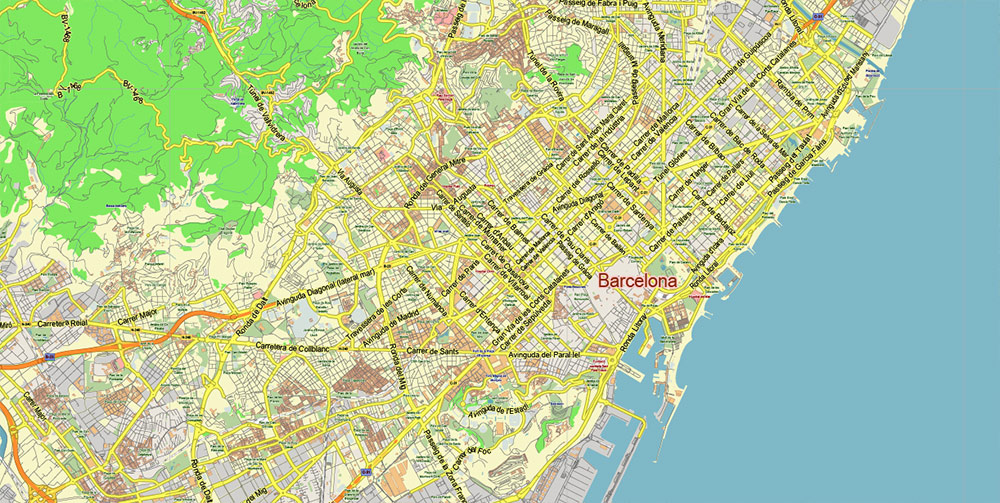 Barcelona Spain Map Vector City Plan Low Detailed (for small print size) Street Map editable Adobe Illustrator in layers