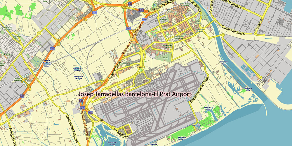 Barcelona Spain PDF Vector Map: City Plan Low Detailed (for small print size) Street Map editable Adobe PDF in layers