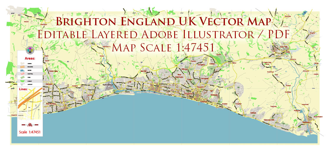 Brighton England UK Map Vector City Plan Low Detailed (for small print size) Street Map editable Adobe Illustrator in layers