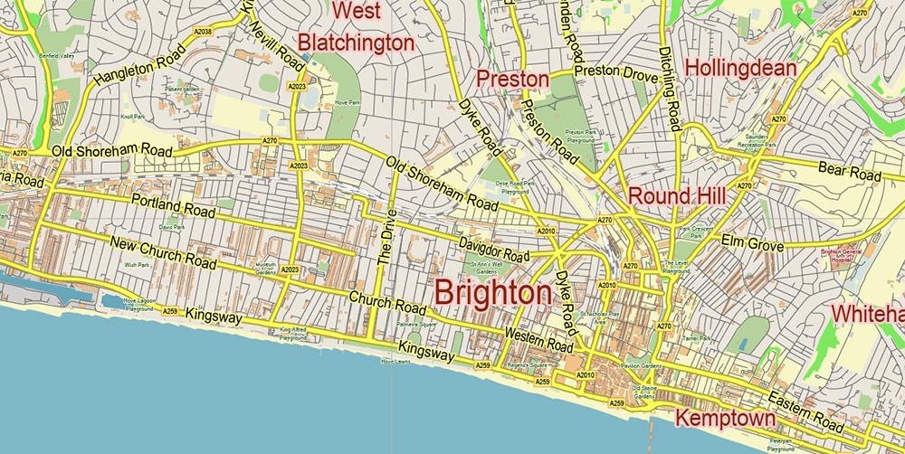 Brighton England UK PDF Vector Map: City Plan Low Detailed (for small print size) Street Map editable Adobe PDF in layers