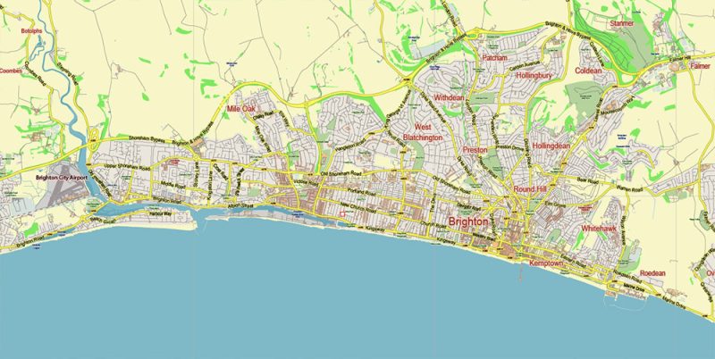Brighton England UK Map Vector City Plan Low Detailed (for small print size) Street Map editable Adobe Illustrator in layers