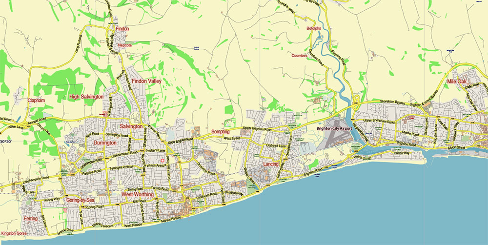 Brighton England UK PDF Vector Map: City Plan Low Detailed (for small print size) Street Map editable Adobe PDF in layers