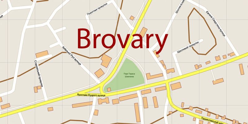 Brovary District Ukraine Map Vector Exact City Plan (+ Relief Isolines) High Detailed Street Map editable Adobe Illustrator in layers