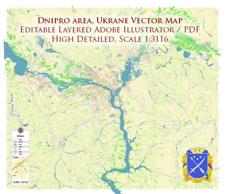 Dnipro Ukraine Map Vector Exact City Plan High Detailed Street Map editable Adobe Illustrator in layers