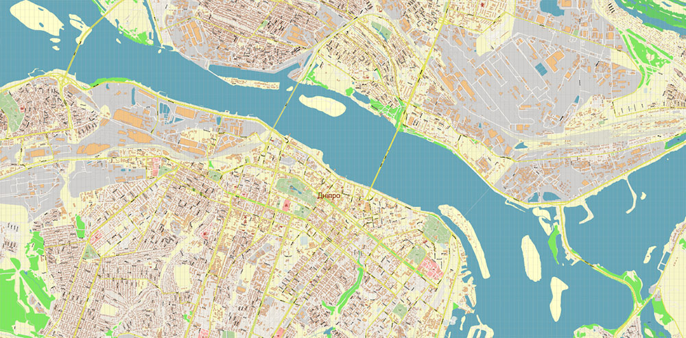 Dnipro Ukraine PDF Vector Map: Exact City Plan High Detailed Street Map editable Adobe PDF in layers