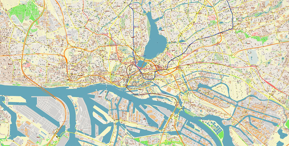 Hamburg Germany PDF Vector Map: Full Extra High Detailed (+ subway lines and stations + all bus stops) editable Adobe PDF in layers