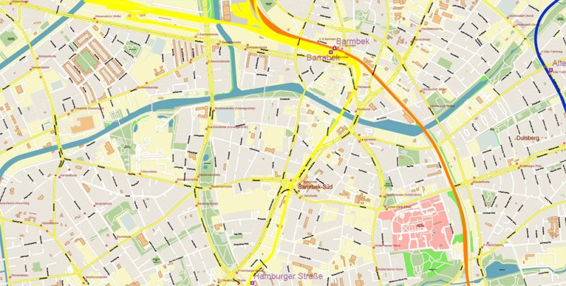 Hamburg Germany Vector Map: Full Extra High Detailed (+ subway lines and stations + all bus stops) editable Adobe Illustrator in layers