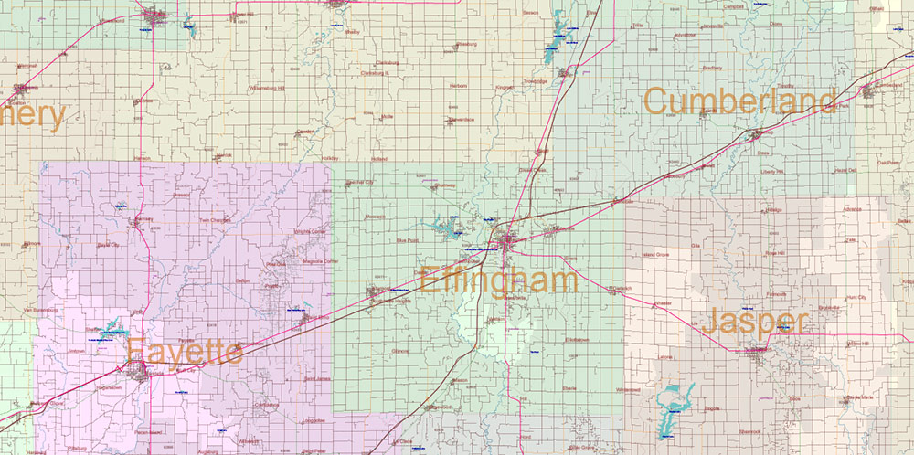_Illinois State US PDF Vector Map: Exact Roads Plan High Detailed Street Map + Counties + Zipcodes editable Adobe PDF in layers
