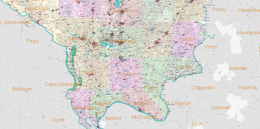 Illinois State US PDF Vector Map: Exact Roads Plan High Detailed Street Map + Counties + Zipcodes editable Adobe PDF in layers