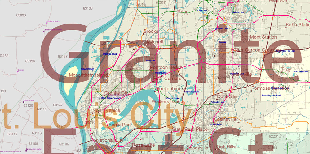 Illinois State US Map Vector Exact Roads Plan High Detailed Street Map + Counties + Zipcodes editable Adobe Illustrator in layers