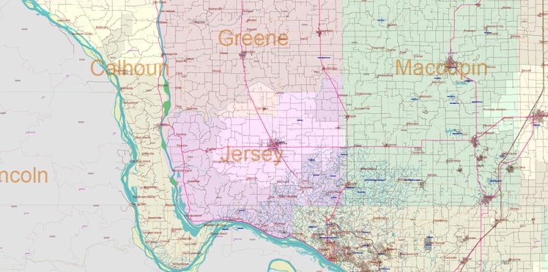 Illinois State US Map Vector Exact Roads Plan High Detailed Street Map + Counties + Zipcodes editable Adobe Illustrator in layers