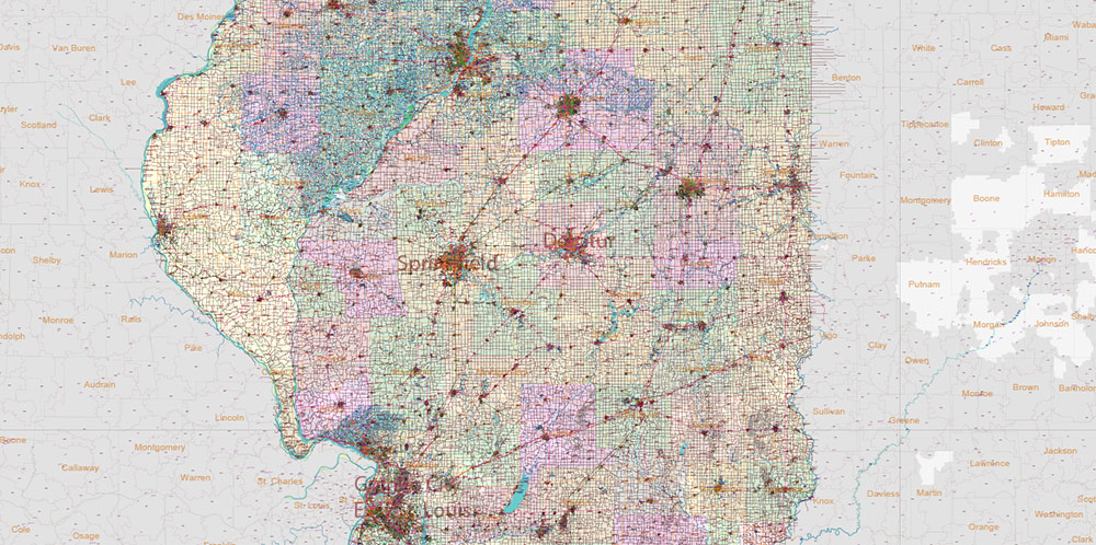 Illinois State US PDF Vector Map: Exact Roads Plan High Detailed Street Map + Counties + Zipcodes editable Adobe PDF in layers