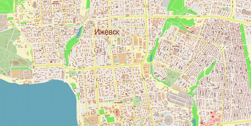 Ижевск Россия векторная карта города подробная (+ номера домов) редактируемая в слоях Adobe Illustrator