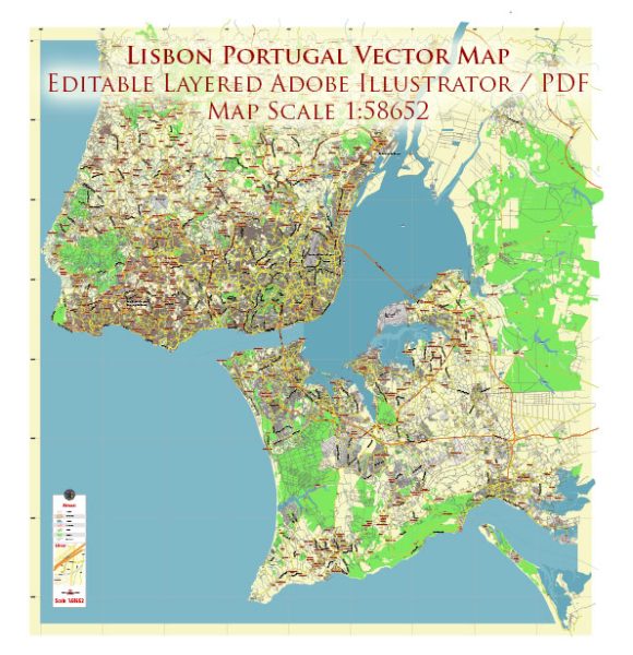 Lisbon Portugal Map Vector City Plan Low Detailed (for small print size) Street Map editable ...