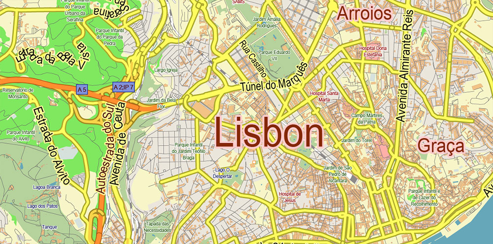 Lisbon Portugal Map Vector City Plan Low Detailed (for small print size) Street Map editable Adobe Illustrator in layers