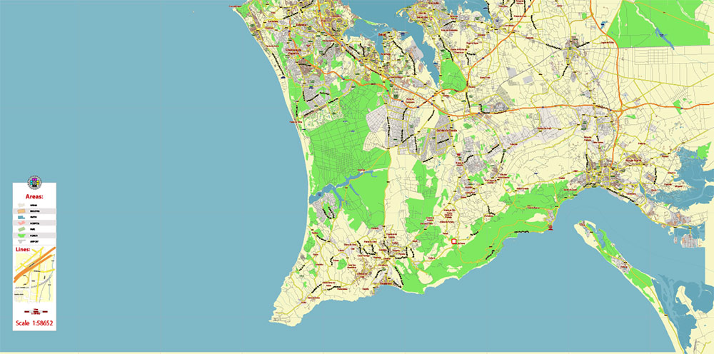 Lisbon Portugal PDF Vector Map: City Plan Low Detailed (for small print size) Street Map editable Adobe PDF in layers