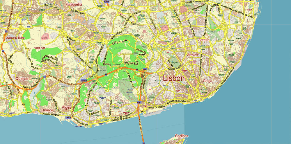 Lisbon Portugal PDF Vector Map: City Plan Low Detailed (for small print size) Street Map editable Adobe PDF in layers