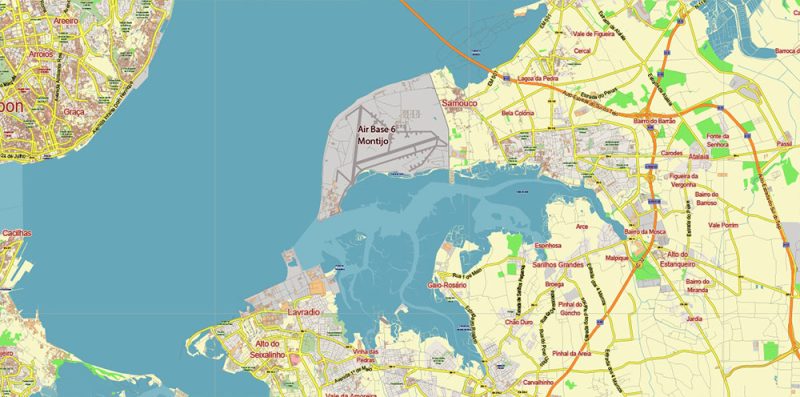 Lisbon Portugal Map Vector City Plan Low Detailed (for small print size) Street Map editable Adobe Illustrator in layers