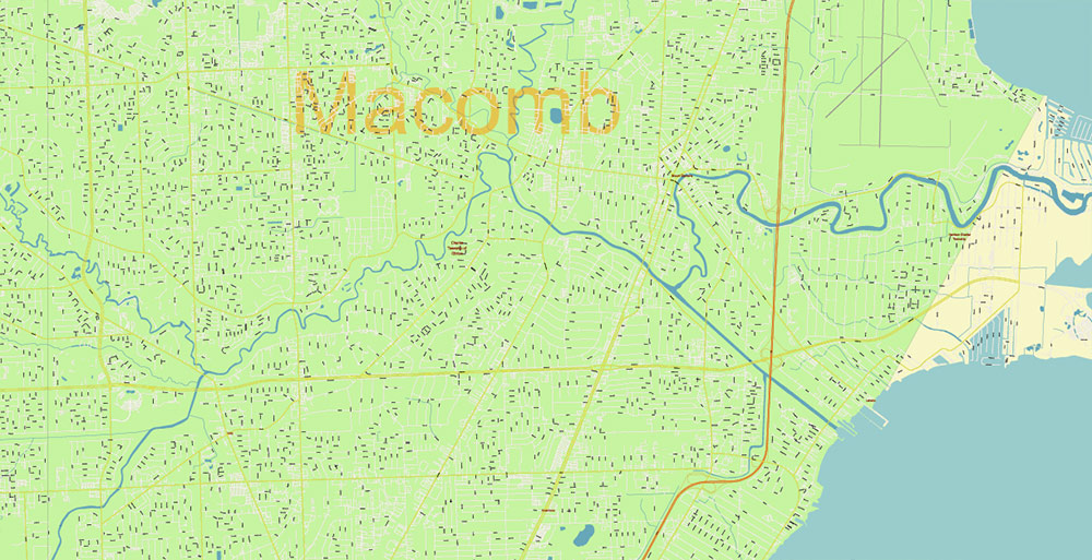Michigan South-East area, US Vector Map: Extra High Detailed in 2 parts (all roads and streets with names) + Counties editable Adobe Illustrator in layers
