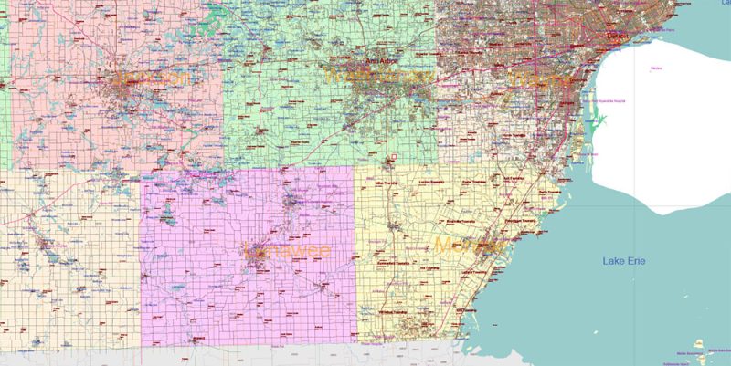 Michigan State US Map Vector Accurate Roads Plan High Detailed Street Map + Counties + Zipcodes editable Adobe Illustrator in layers