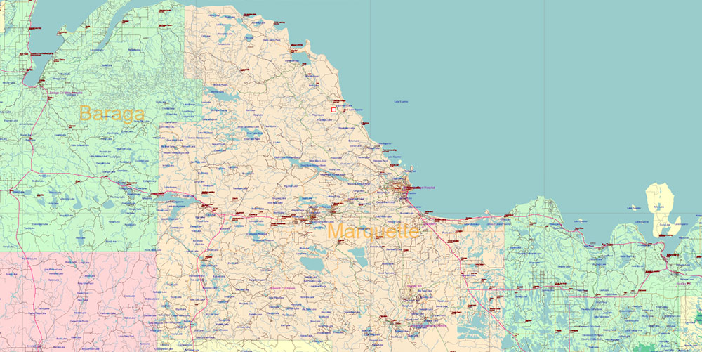 _Michigan State US PDF Vector MAP: Accurate Roads Plan High Detailed Street Map + Counties + Zipcodes editable Adobe PDF in layers