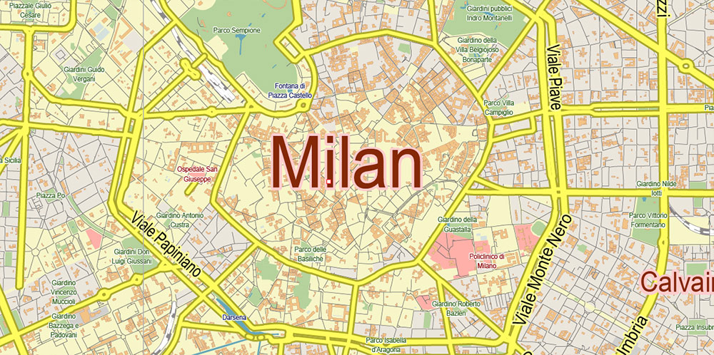 Milan Italy PDF Vector Map: City Plan Low Detailed (for small print size) Street Map editable Adobe PDF in layers