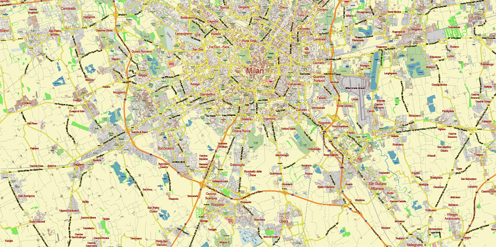 Milan Italy PDF Vector Map: City Plan Low Detailed (for small print size) Street Map editable Adobe PDF in layers