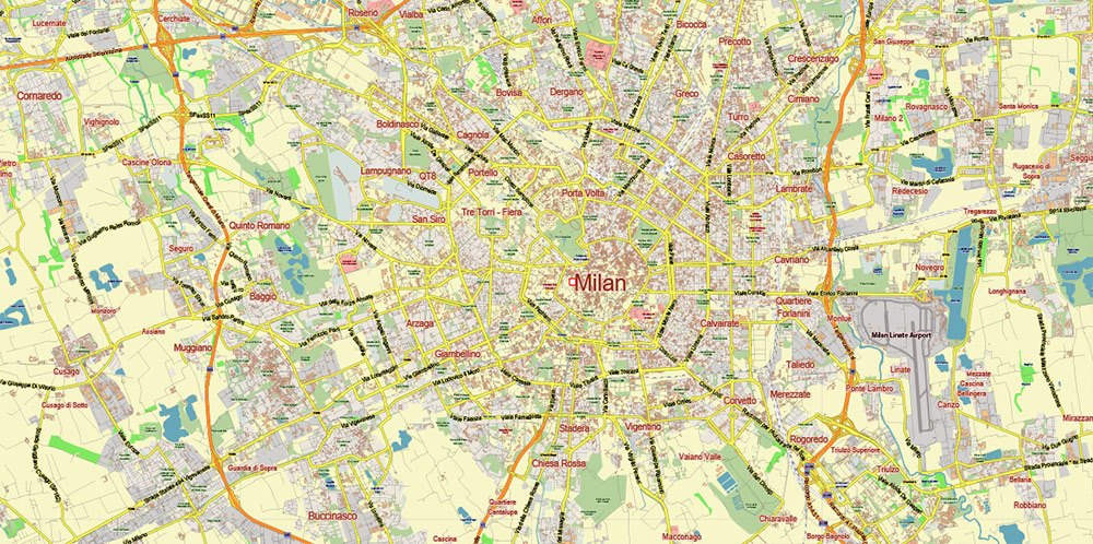 Milan Italy Map Vector City Plan Low Detailed (for small print size) Street Map editable Adobe Illustrator in layers