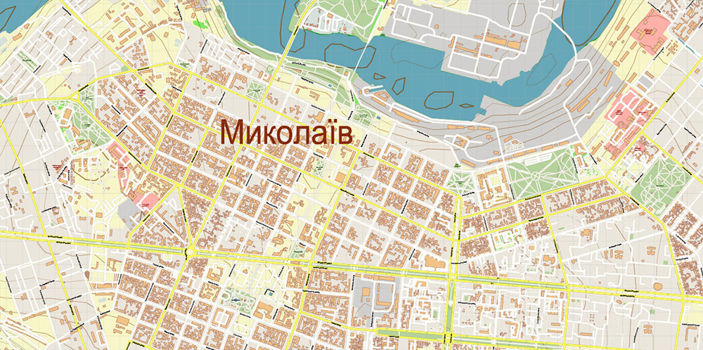 Mykolaiv Ukraine PDF Vector Map: Exact City Plan (+ Relief Isolines) High Detailed Street Map editable Adobe PDF in layers.