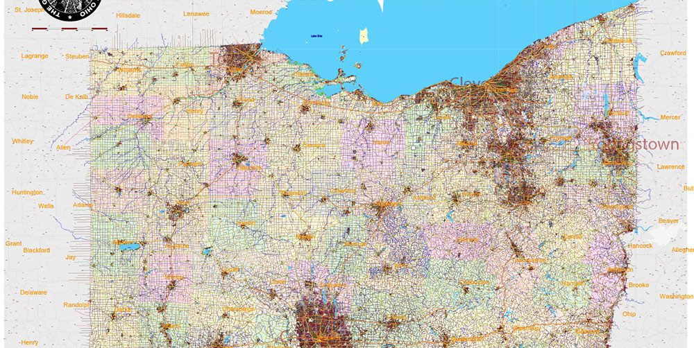 Ohio State US PDF Vector Map: Exact Roads Plan High Detailed Street Map + Counties + Zipcodes editable Adobe PDF in layers