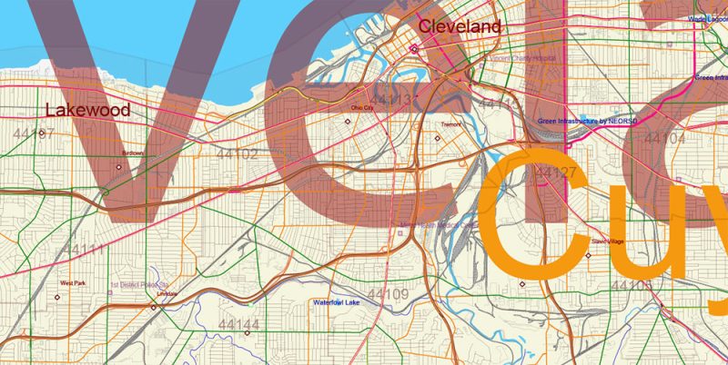 Ohio State US Map Vector Exact Roads Plan High Detailed Street Map + Counties + Zipcodes editable Adobe Illustrator in layers