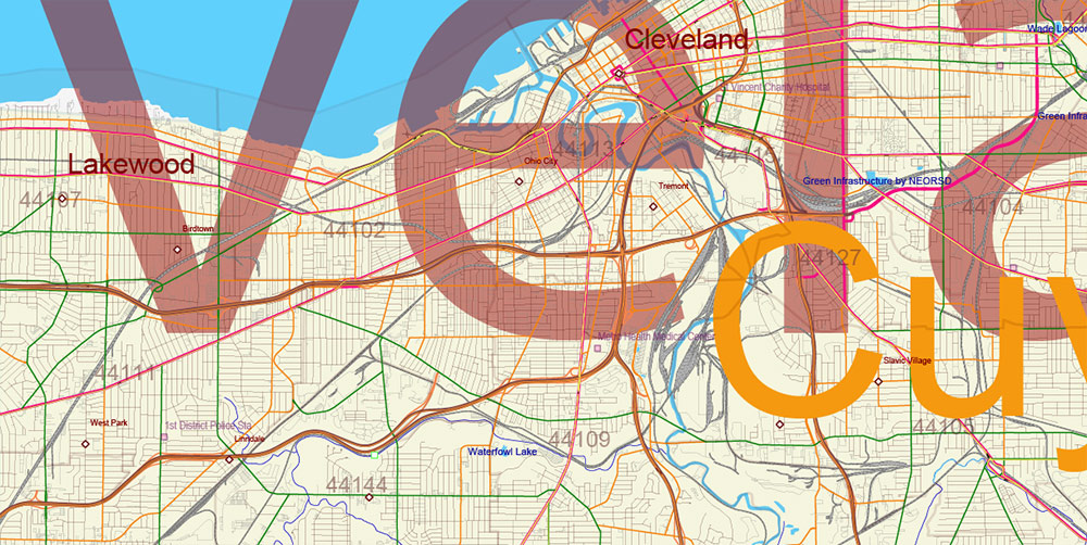 Ohio State US PDF Vector Map: Exact Roads Plan High Detailed Street Map + Counties + Zipcodes editable Adobe PDF in layers