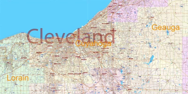 Ohio State US Map Vector Exact Roads Plan High Detailed Street Map + Counties + Zipcodes editable Adobe Illustrator in layers