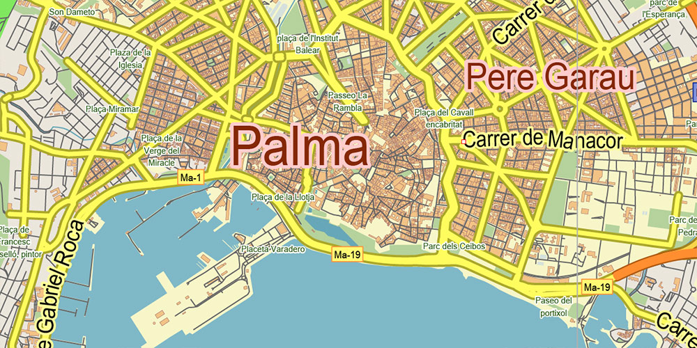 Palma Mallorca Spain Map Vector City Plan Low Detailed (for small print size) Street Map editable Adobe Illustrator in layers