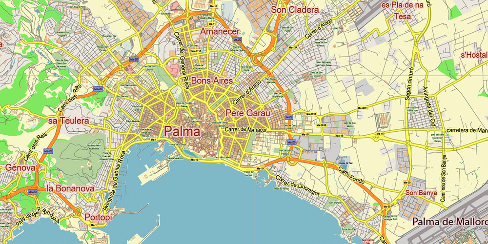 Palma Mallorca Spain PDF Vector Map: City Plan Low Detailed (for small print size) Street Map editable Adobe PDF in layers