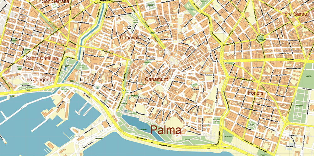 Palma Mallorca Spain PDF Vector Map: City Plan High Detailed Street Map editable Adobe PDF in layers