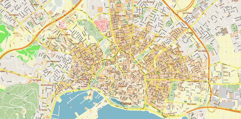 Palma Mallorca Spain Map Vector City Plan High Detailed Street Map editable Adobe Illustrator in layers