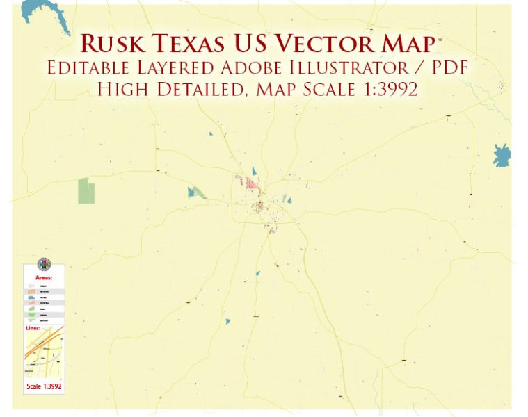 Rusk Texas US Map Vector High Detailed editable Adobe Illustrator in layers