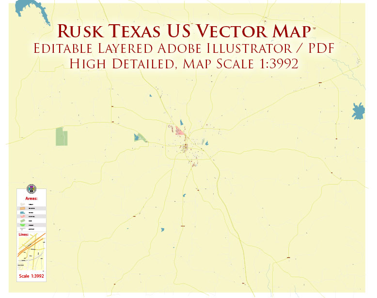 Rusk Texas US PDF Vector Map: High Detailed editable Adobe PDF in layers