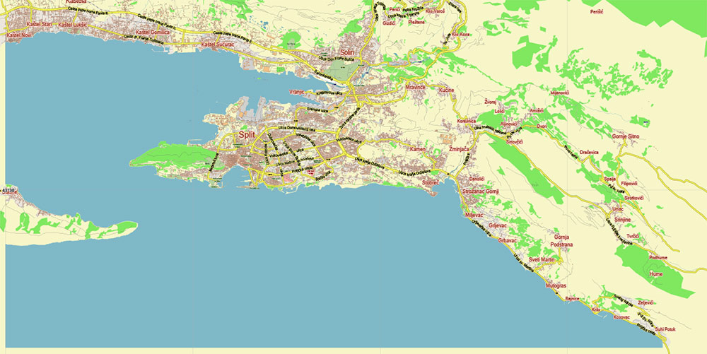 Split Croatia PDF Vector Map: City Plan Low Detailed (for small print size) Street Map editable Adobe PDF in layers