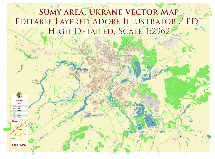 Sumy Ukraine Map Vector Exact City Plan High Detailed Street Map editable Adobe Illustrator in layers