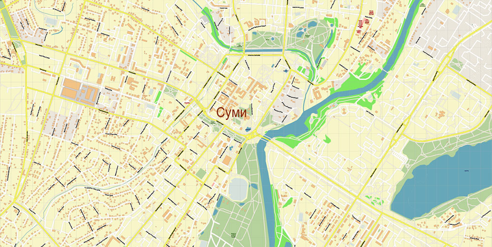 Sumy Ukraine PDF Vector Map: Exact City Plan High Detailed Street Map editable Adobe PDF in layers