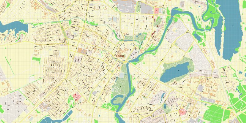Sumy Ukraine Map Vector Exact City Plan High Detailed Street Map editable Adobe Illustrator in layers