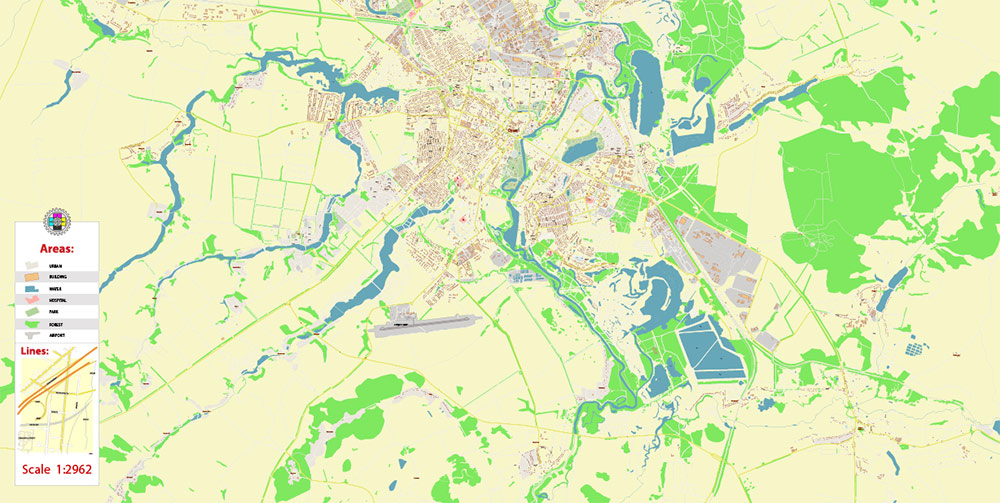 Sumy Ukraine PDF Vector Map: Exact City Plan High Detailed Street Map editable Adobe PDF in layers
