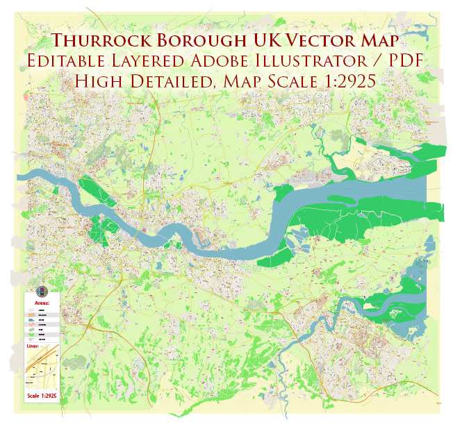 Thurrock Borough UK Map Vector Exact City Plan High Detailed Street Map editable Adobe Illustrator in layers
