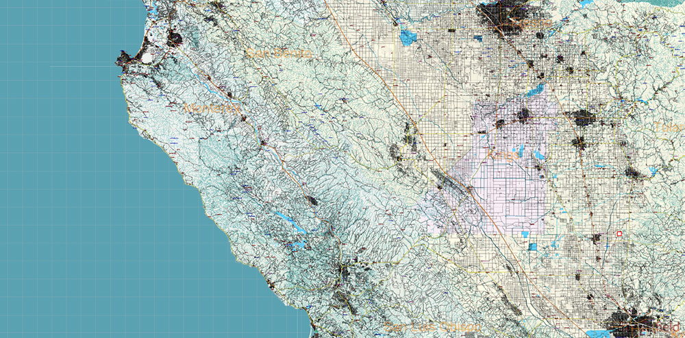California State US PDF Vector Map: Exact Roads Plan High Detailed Street Map + Counties + Zipcodes editable Adobe PDF in layers