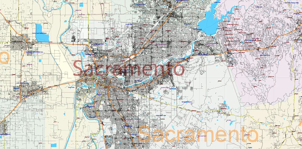 California State US PDF Vector Map: Exact Roads Plan High Detailed Street Map + Counties + Zipcodes editable Adobe PDF in layers
